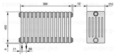 Схема (чертеж) Радиатор Zehnder Charleston 6045/13 №3370 Белый глянцевый RAL 9016